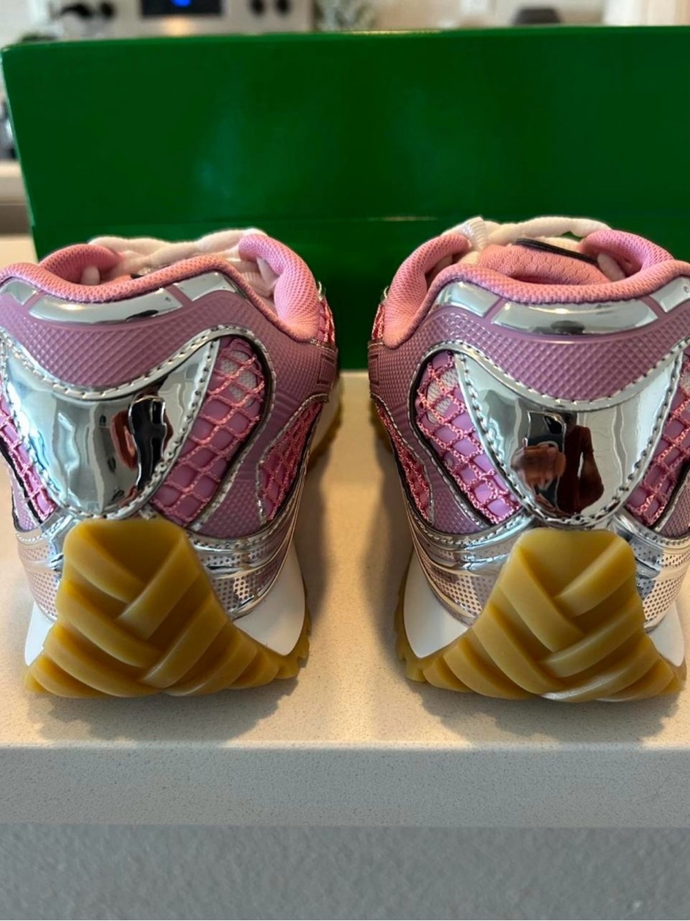 Bottega Veneta Pink Metallic Mesh Sneakers with White Laces - Picture 5 of 5